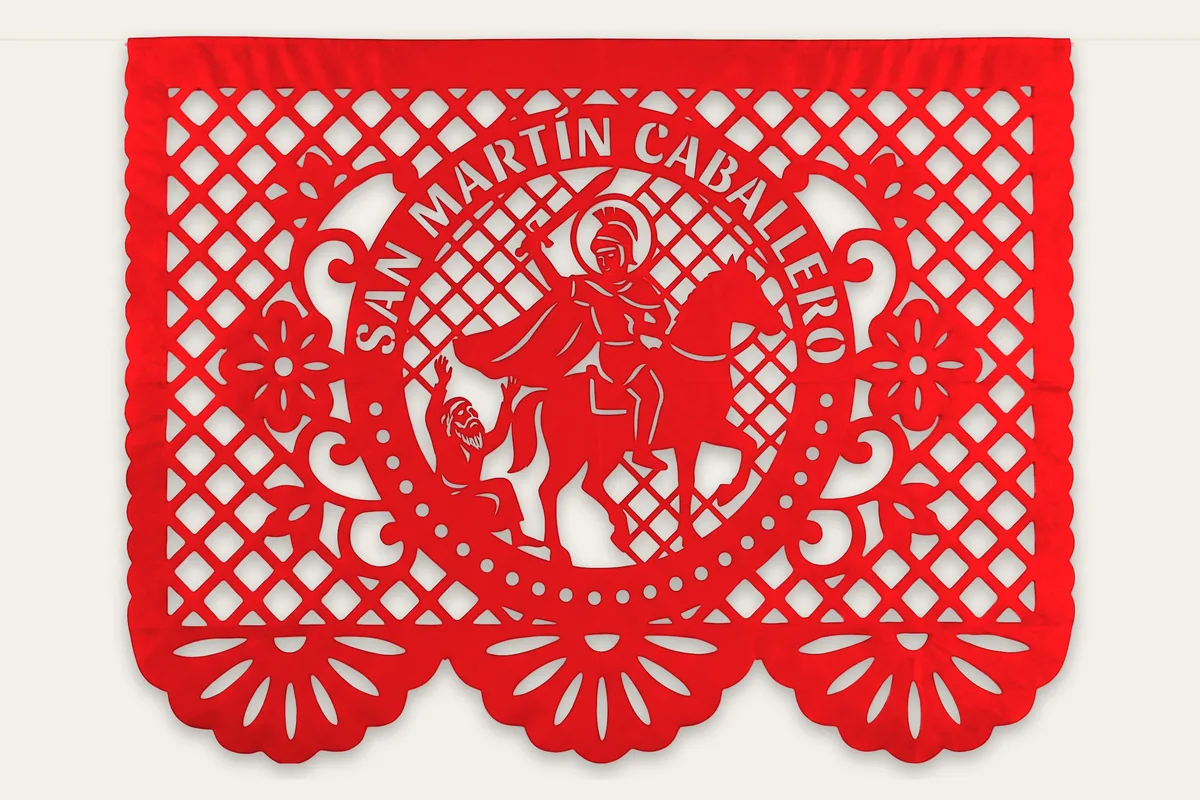 Hoja de papel picado roja con San Martín Caballero a caballo partiendo su capa con el mendigo