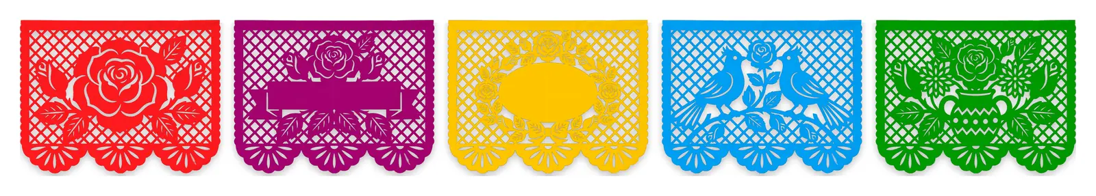 Los cinco modelos de papel picado para fiesta: la rosa, el listón, la corona, los pájaros y el cántaro
