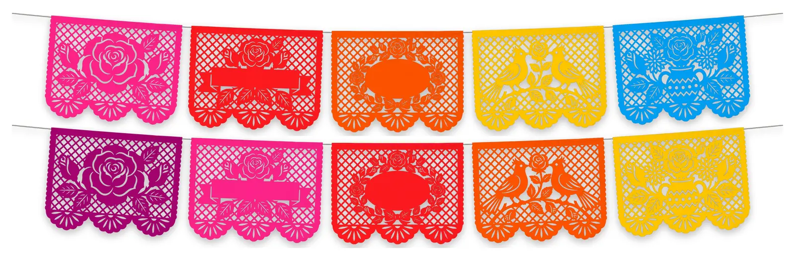 Enramada de papel picado en la gama Bordado tehuano: rosa, rojo, naranja, amarillo, turquesa y morado