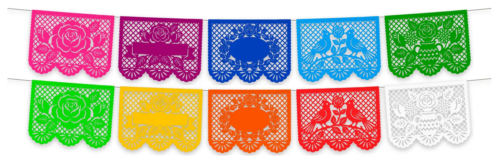 Enramada de papel picado en la gama Fiesta tehuana: rosa mexicano, morado, azul, turquesa, verde, verde limón, amarillo, naranja, rojo y blanco