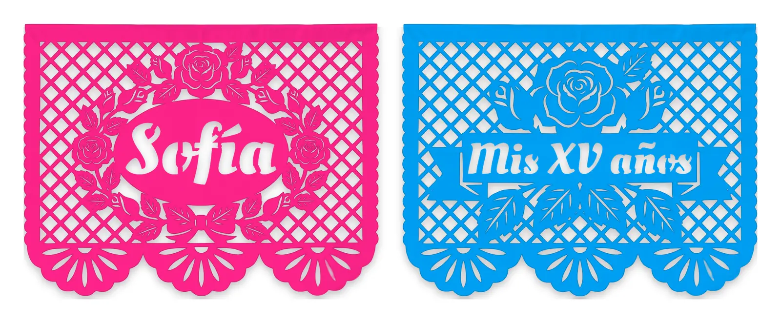 Papel picado personalizado: la corona rosa mexicano con el nombre Sofía y el listón turquesa con la leyenda Mis XV años, calados en letra cursiva