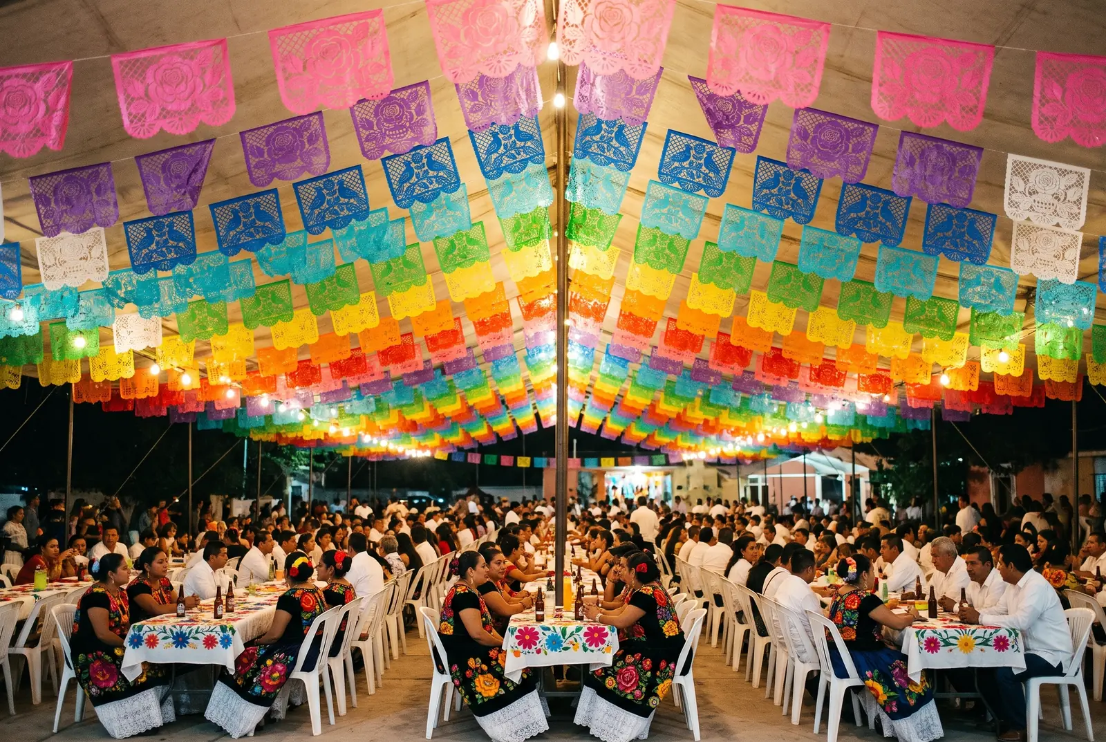 Carpa de una vela del Istmo con el techo cubierto de hileras de papel picado en los colores del arcoíris, mesas y sillas blancas y tehuanas con traje de gala