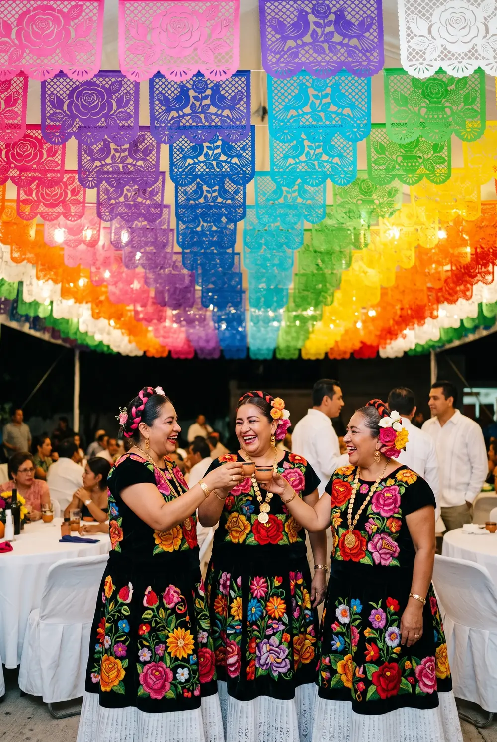 Tres mujeres con traje de tehuana bordado de flores brindan con mezcal bajo un techo de papel picado