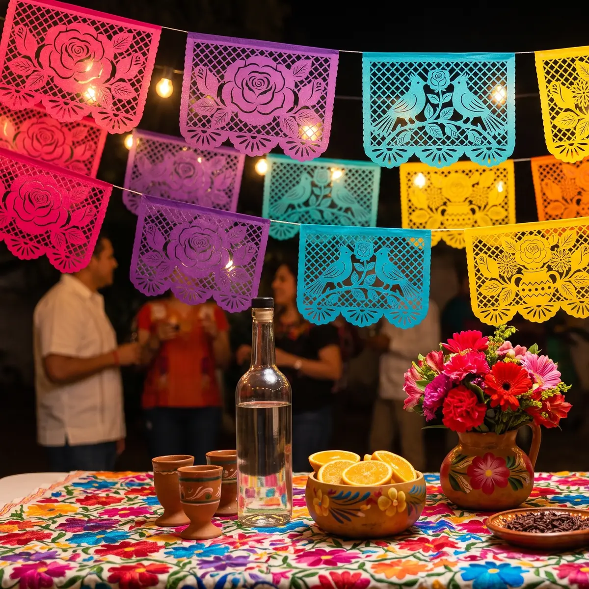 Mesa con mezcal, copitas de barro, naranjas y flores bajo papel picado de la rosa, los pájaros y el cántaro