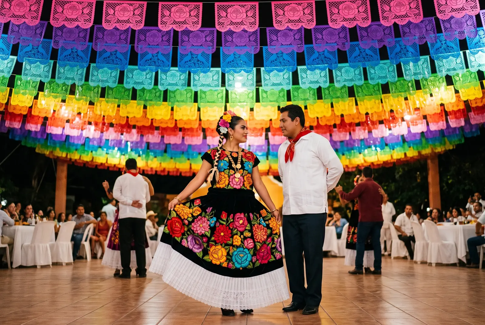 Pareja bailando un son, ella con traje de tehuana y él con guayabera blanca, bajo un techo de papel picado en arcoíris