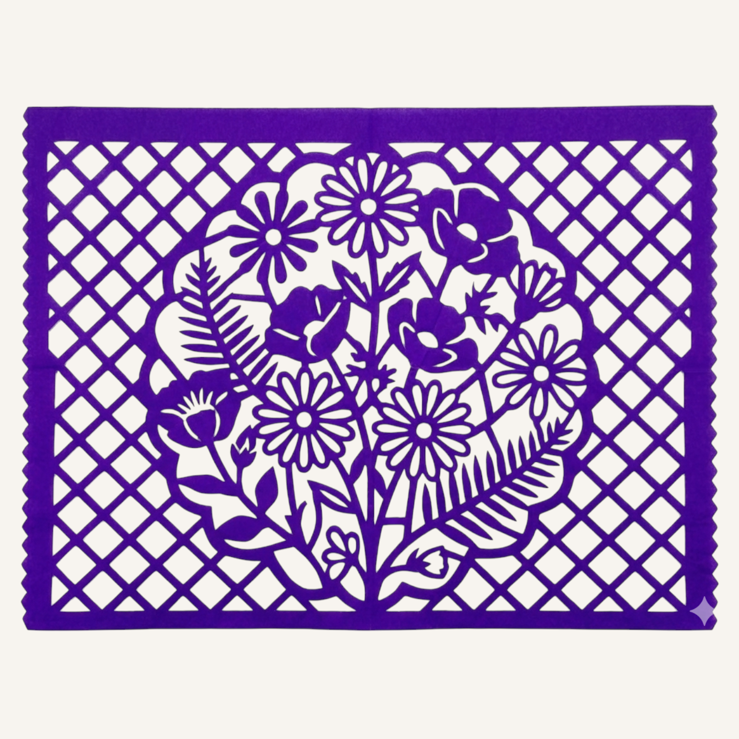 Papel picado artesanal con ramo de flores silvestres, margaritas y helechos en papel turquesa