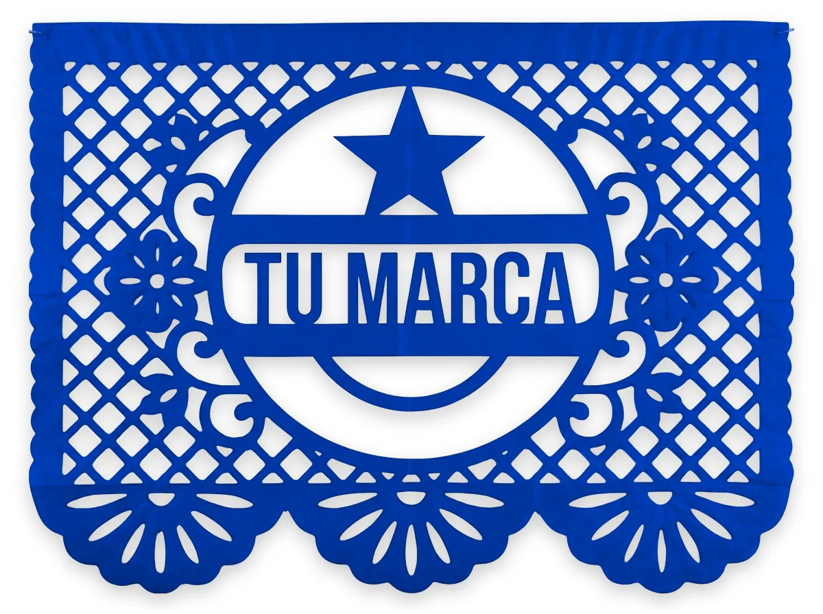 Hoja de papel picado azul con un logotipo de ejemplo calado al centro