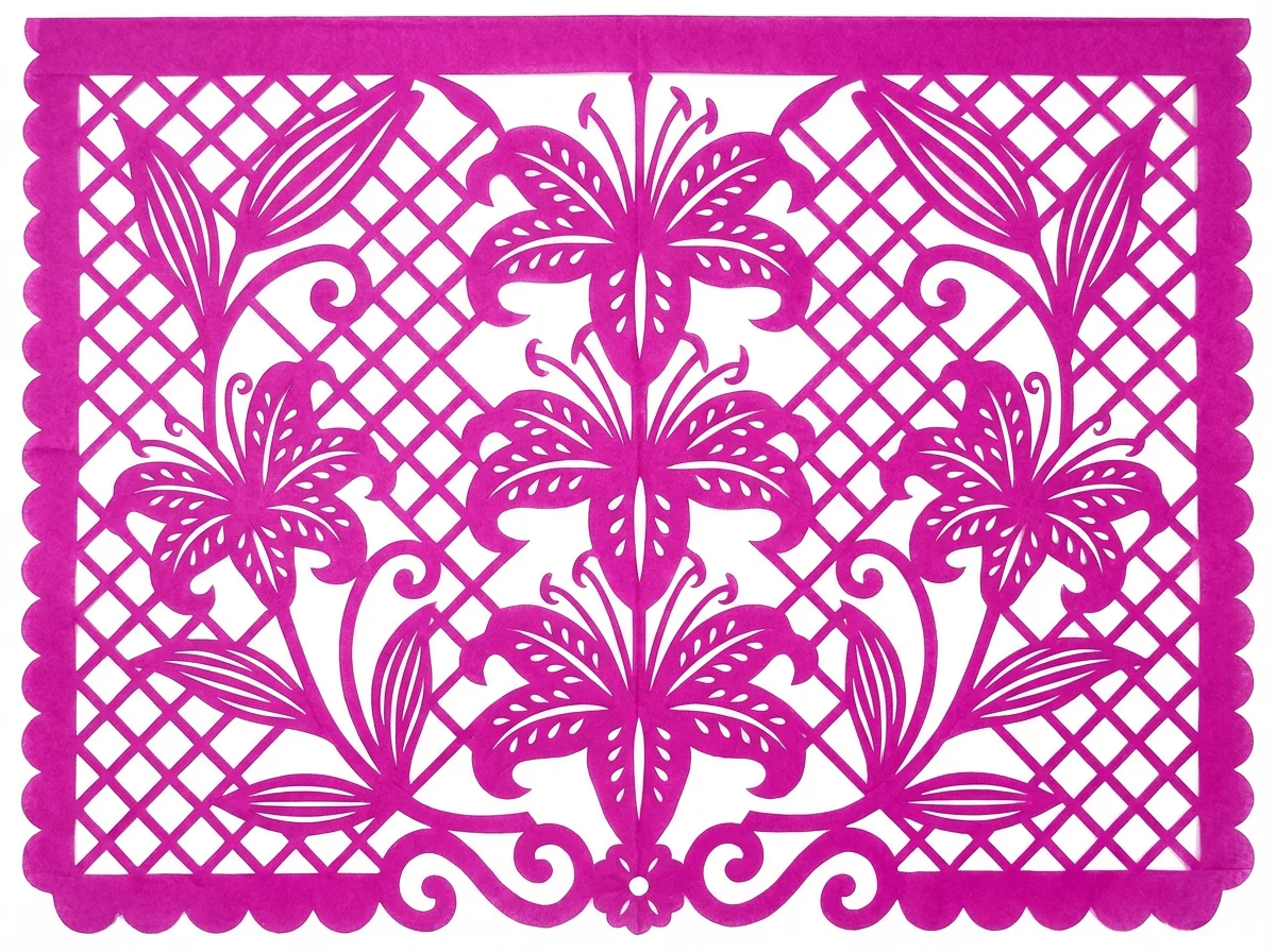Lirios verticales en simetría de espejo. La gracia del barroco mexicano hecha papel.