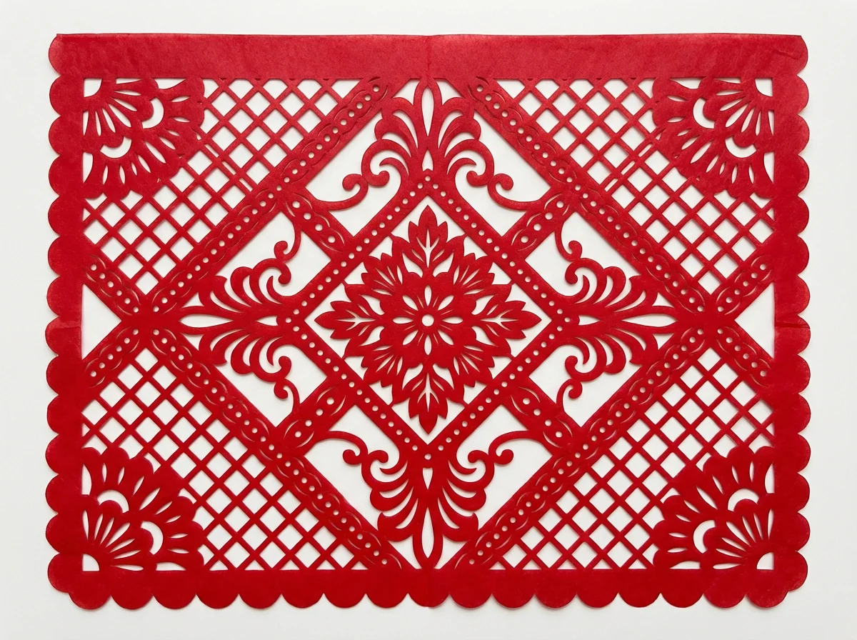Rosetón en diamante con vírgolas en las esquinas. Geometría vegetal en rojo profundo.