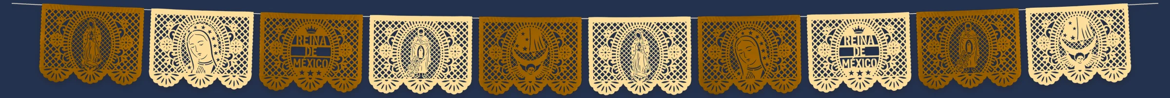 Enramada de papel picado de la Virgen de Guadalupe en dorado y beige