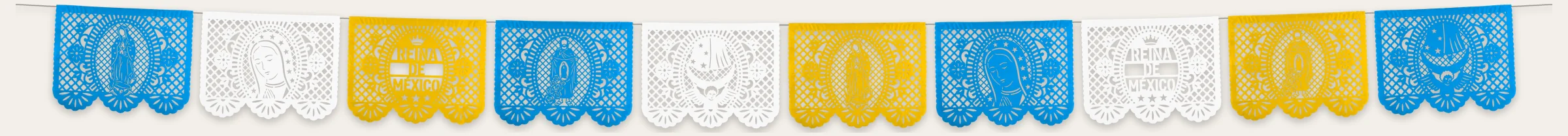 Enramada de papel picado de la Virgen de Guadalupe en turquesa, blanco y amarillo
