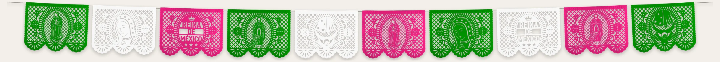 Enramada de papel picado de la Virgen de Guadalupe en verde, blanco y rosa