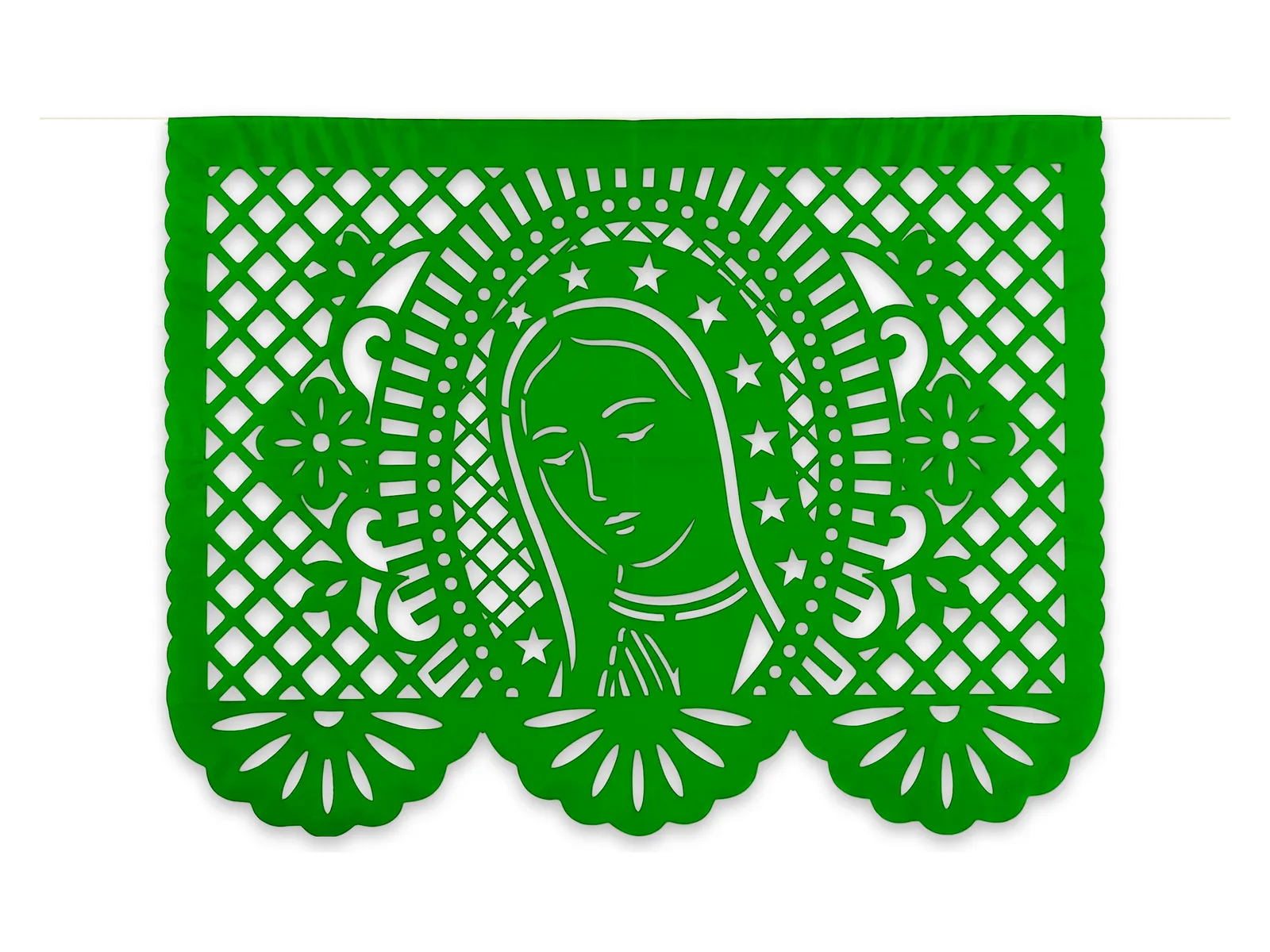 Hoja de papel picado verde con el rostro de la Virgen de Guadalupe