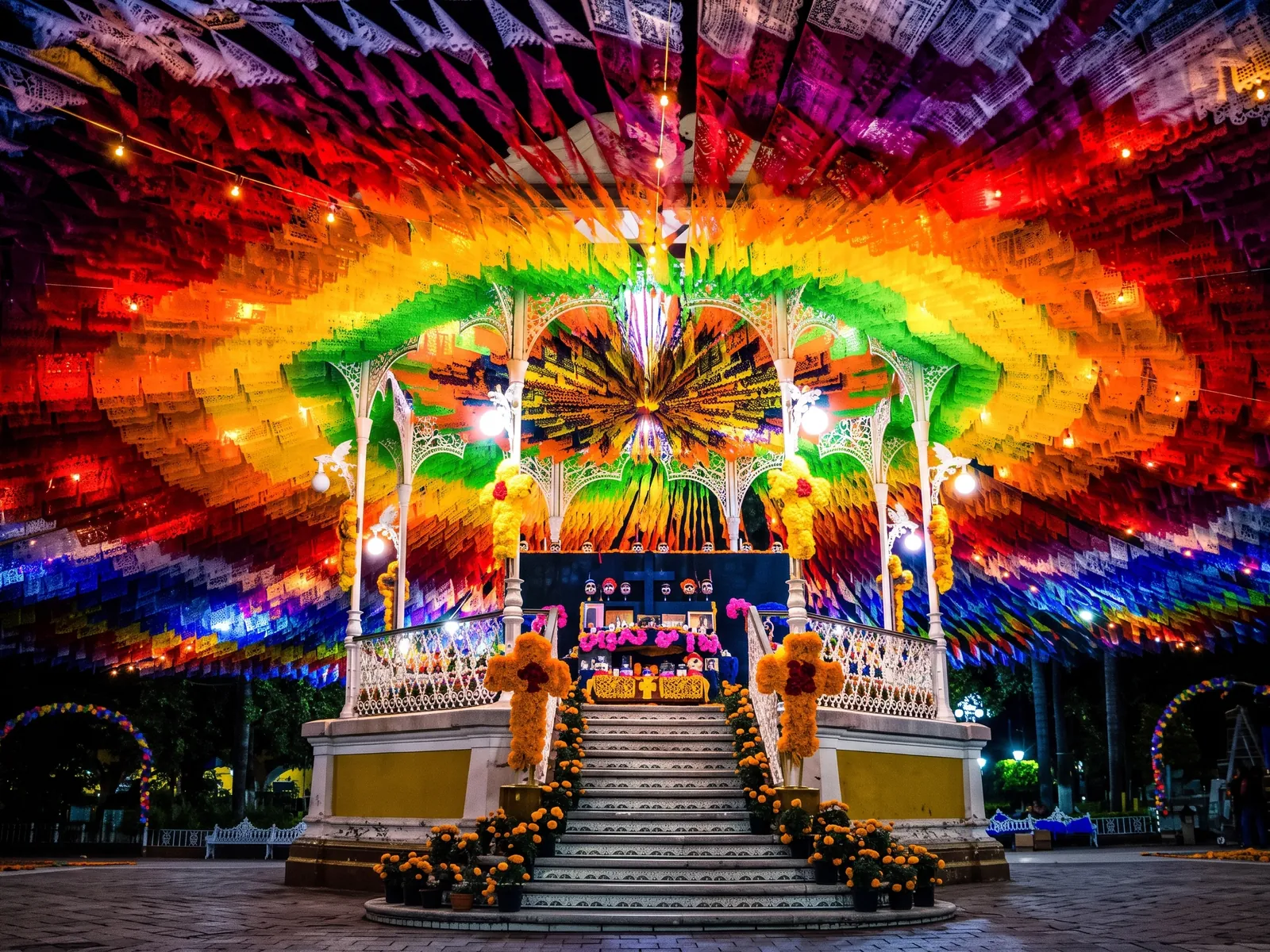 Plaza cubierta por un dosel de papel picado con iluminación festiva
